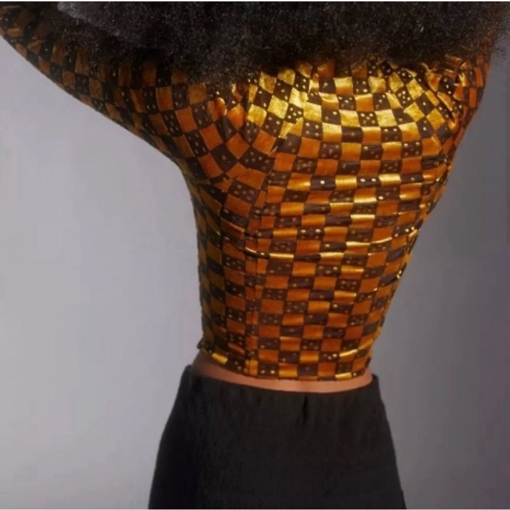 UO Urban Outfitters Natalia Burnout High Neck Ruched Velvet Dice Top - Picture 2 of 3